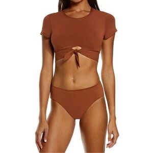 Robin Piccone Brown Tie-Front Short Sleeve Bikini Set